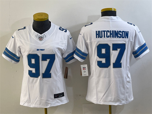 Women's Detroit Lions #97 Aidan Hutchinson White 2024 F.U.S.E. Vapor Limited Stitched Jersey(Run Smaller) Women's Detroit Lions #97 Aidan Hutchinson White 2024 F.U.S.E. Vapor Limited Stitched Jersey(Run Smaller)
